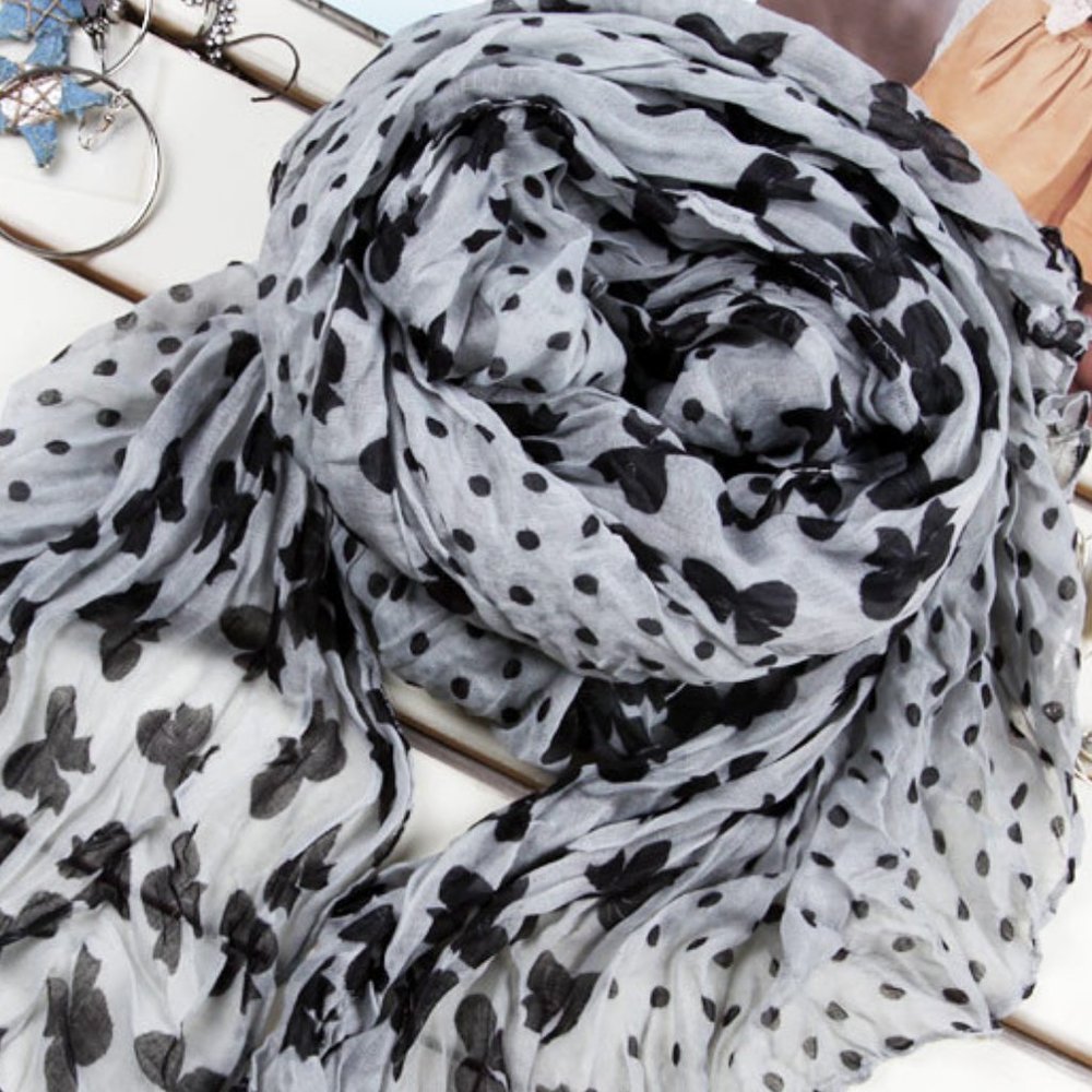 Large butterflies & Dots Print Chiffon Scarf, Soft Shawl, Soft Scarves,Grey - Picture 3 of 3